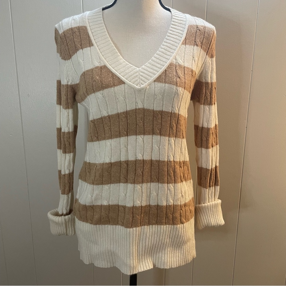 Loft Striped Cable Knit Vneck Sweater.